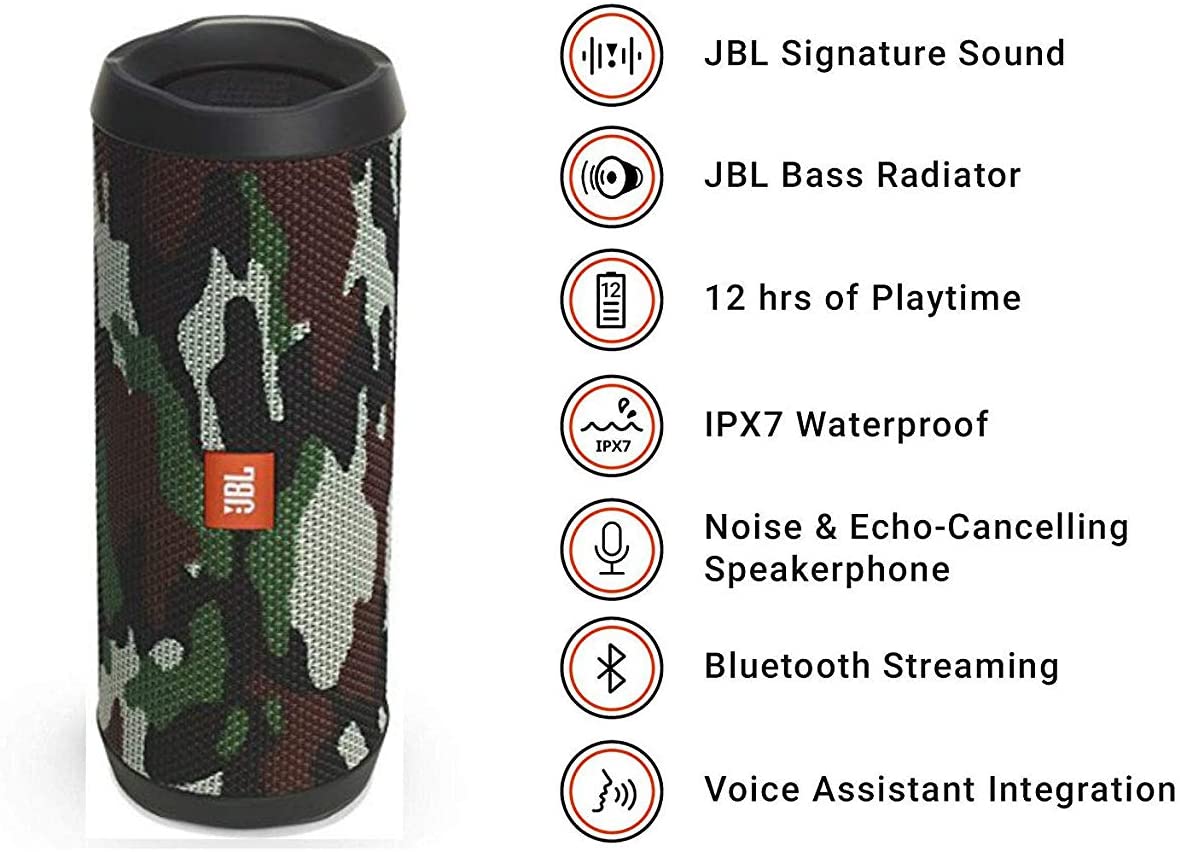 JBL Flip 4 Bluetooth Box in Camouflage – Wasserdichter, tragbarer Lautsprecher mit Freisprechfunktion & Sprachassistent – Bis zu 12 Stunden Wireless Streaming mit nur einer Akku-Ladung
