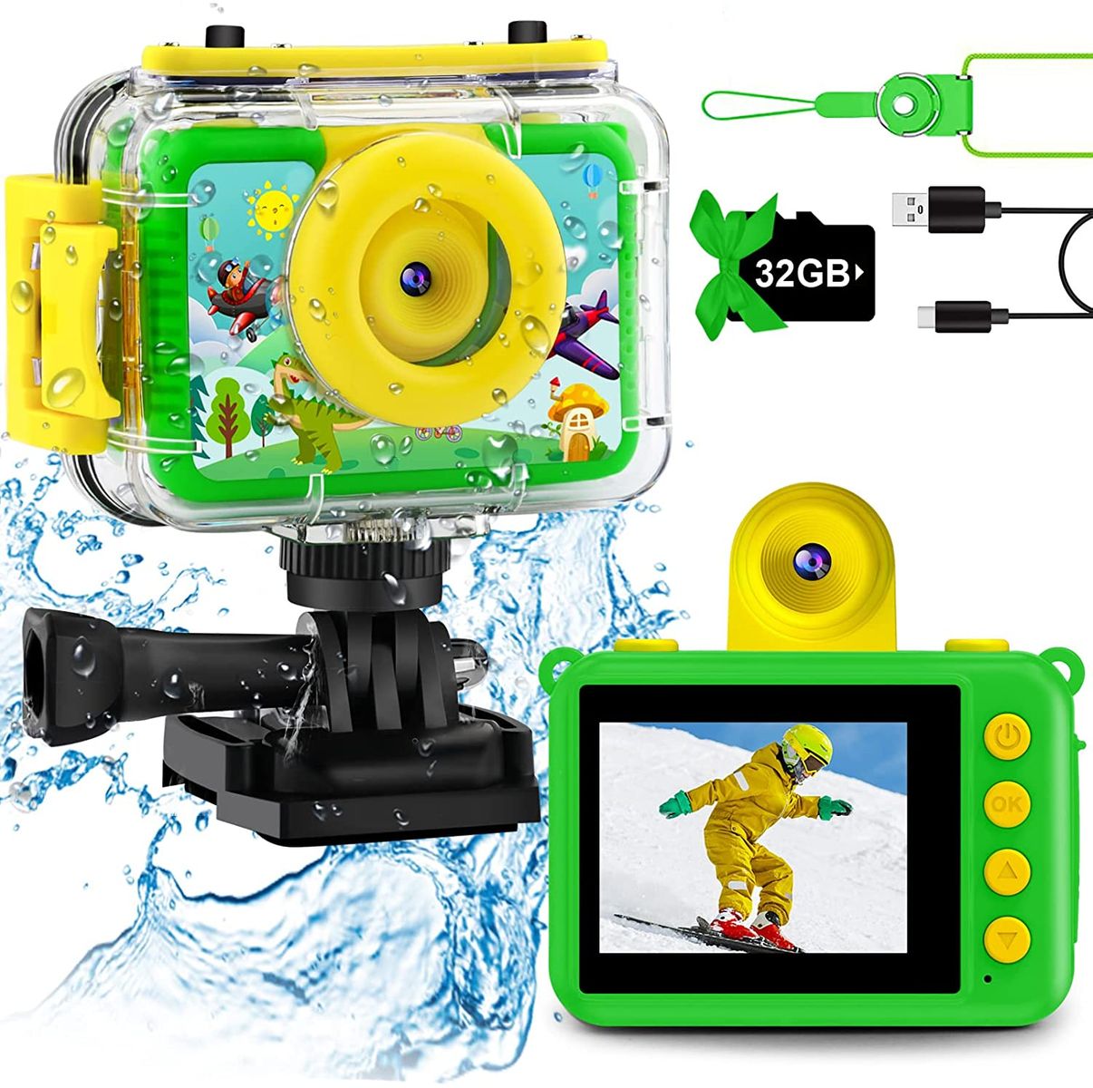 GKTZ Kinderkamera wasserdichte, 180 drehbare 20MP Digitale Action-Kamera für Kinder, Geburtstagsgeschenk Spielzeug für Kinder im Alter von 3-12, Unterwasserkamera mit 32GB SD-Karte,Grün
