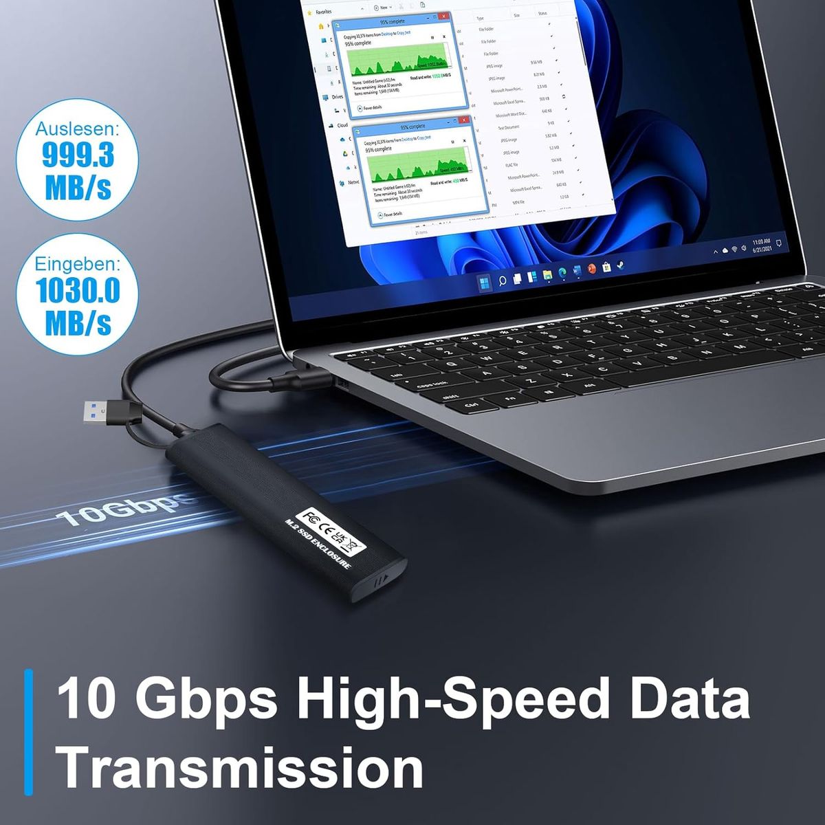 Vemfay Vemfay M.2 NVMe Gehäuse, USB 3.2 Gen 2 10 Gbit/s, USB-C Adapter für NVMe PCIe M-Key/M+B Key, Aluminium, Werkzeuglos, kompatibel mit 2230/2242/2260/2280