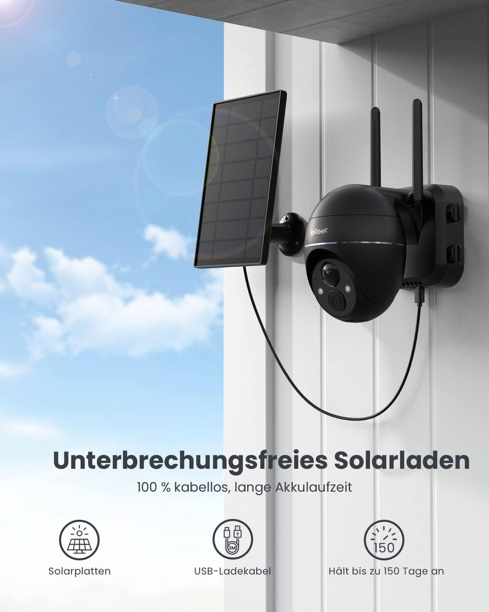 ieGeek 2K Solar Überwachungskamera Aussen Akku, 355°/140° Pan Tilt Kabellose Überwachungskamera mit Farbnachtsicht, PIR Bewegungsmelder, Sirene/Weißlichtalarm, 2-Wege-Audio, IP65, Cloud/SD Storage Kamera1 Schwarz ieGeek 2K Solar Überwachungskamera Aussen Akku, 355°/140° Pan Tilt Kabellose Überwachungskamera mit Farbnachtsicht, PIR Bewegungsmelder, Sirene/Weißlichtalarm, 2-Wege-Audio, IP65, Cloud/SD Storage Kamera1 Schwarz