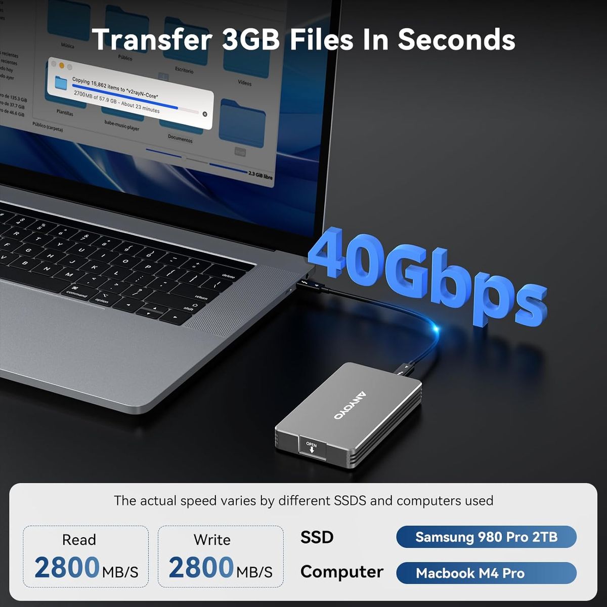 ANYOYO 40Gbps NVMe SSD Gehäuse für Thunderbolt 4/3, USB4 M.2 NVMe Gehäuse für PCIe 2280 M-Key (B+M Key), USB C Gehäuse kompatibel für Thunderbolt 3/4, Aluminiumlegierung Gehäuse, bis zu 2700 MB/s