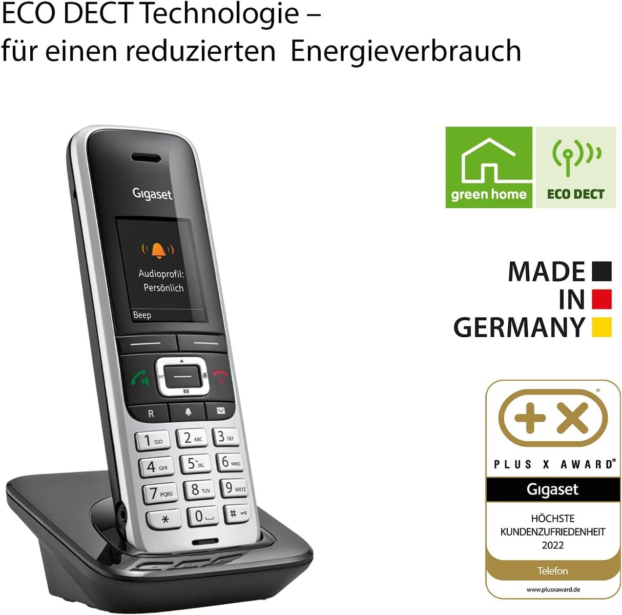 Gigaset PREMIUM 100HX - DECT-Mobilteil mit Ladeschale - Schnurloses Telefon erweiterung für Router und DECT-Basis – Fritzbox-kompatibel - Datensynchronisation per USB, top Akustik, platin-schwarz 100HX Zusatz Mobilteil