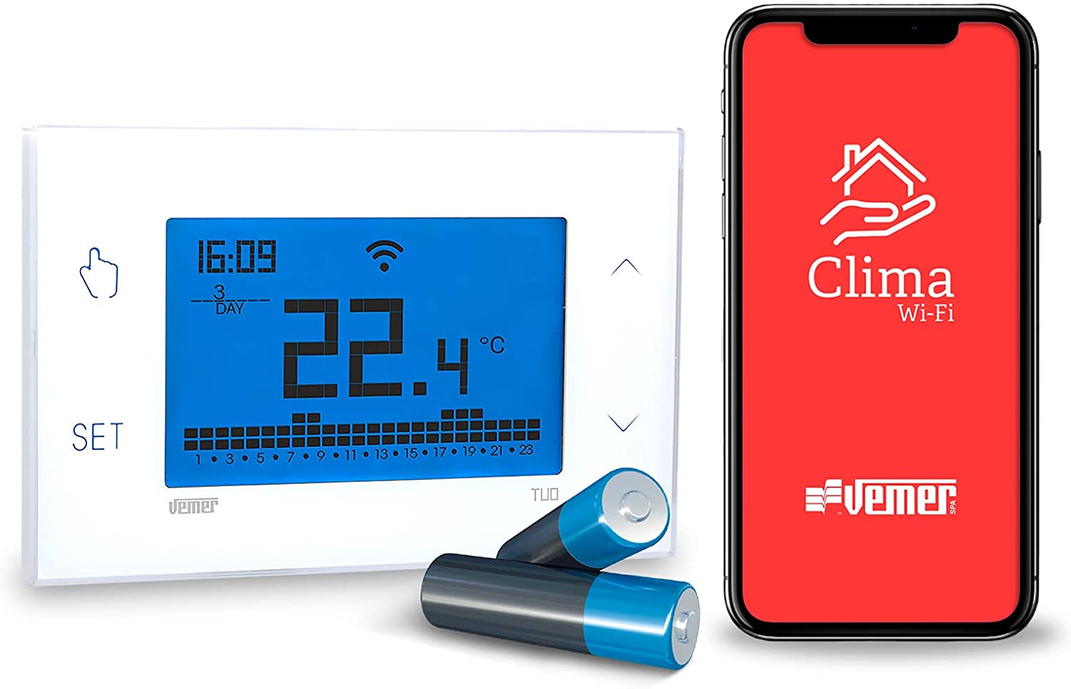 VEMER VE788600 TUO WiFi Batterie - Thermostat Heizung Smart Home, WLAN Raumthermostat, Wochenprogrammierung, Steuerbar mit APP über Smartphone mit iOS und Android, Weiß