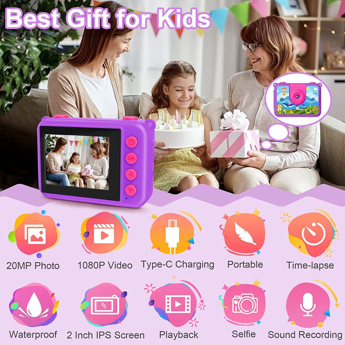 GKTZ Geschenk für Mädchen im Alter von 3-14 Jahren, wasserdichte Kinderkamera, Digitale Videokamera mit 32GB Karte, 180 drehbare 20MP Unterwasserkamera, Geburtstagsgeschenk für 4-9 Jahre alt Mädchen violett