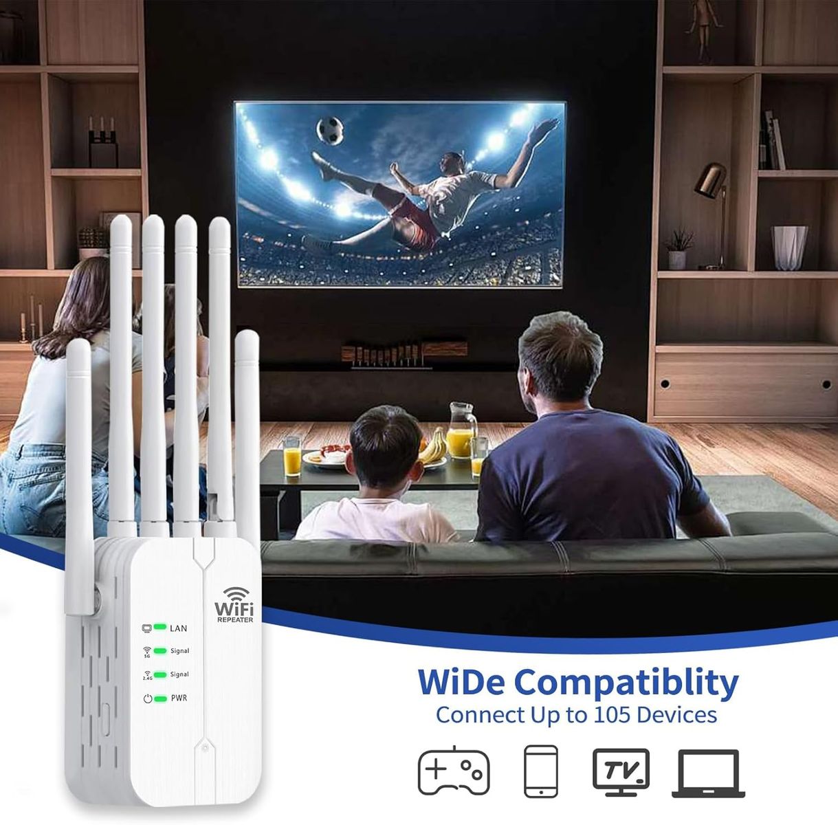 Generico AP-610 WLAN-Repeater, 300 Mbps 2,4 GHz, 6 Antennen, 2x LAN, Repeater/AP/Router-Modus, Wandstecker, Weiß, EU