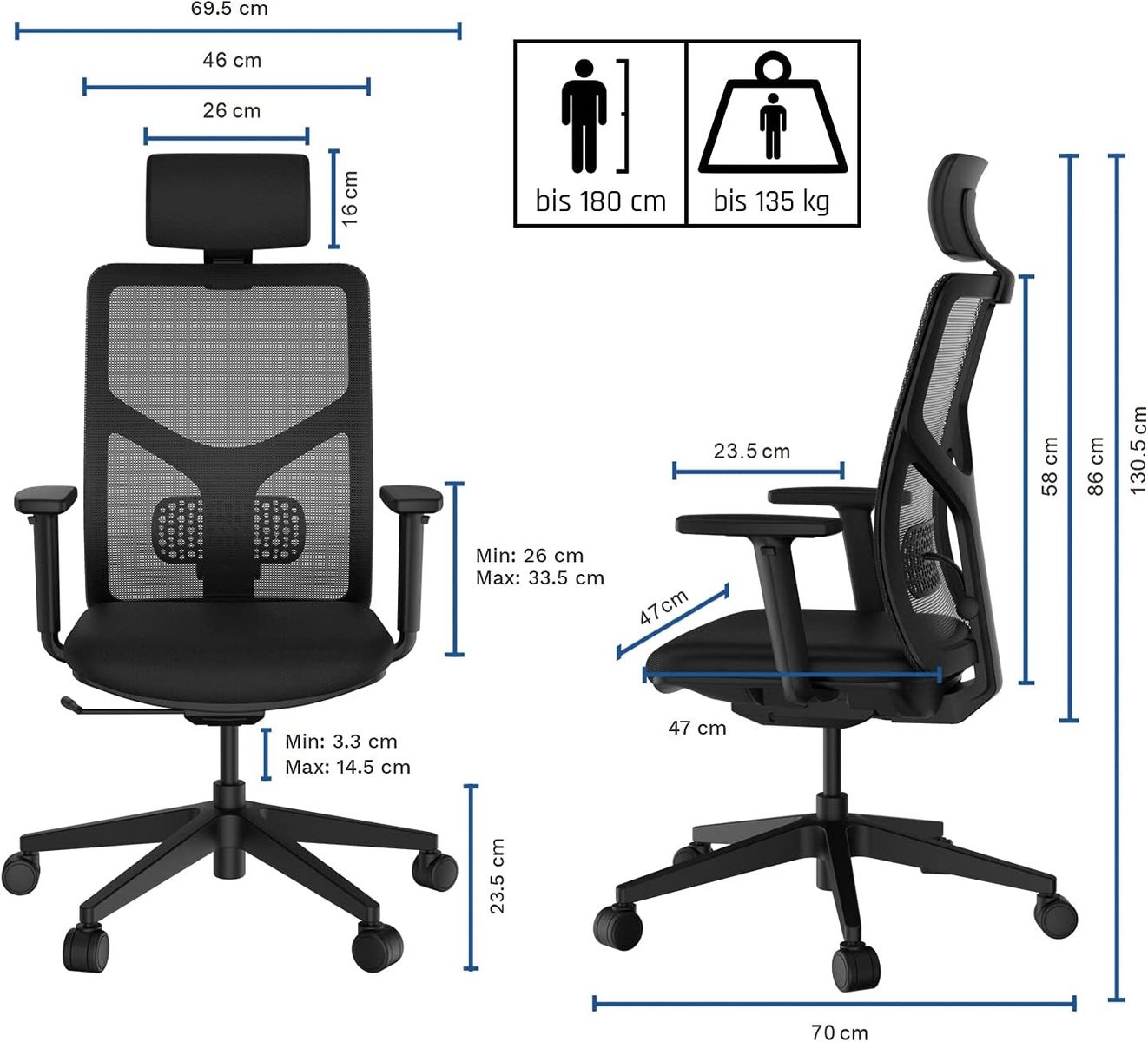 KLIM K400 Office Chair - Ergonomischer Bürostuhl + Weiches Sitzkissen &  Stoff + Inklusive Kopfstütze + Max