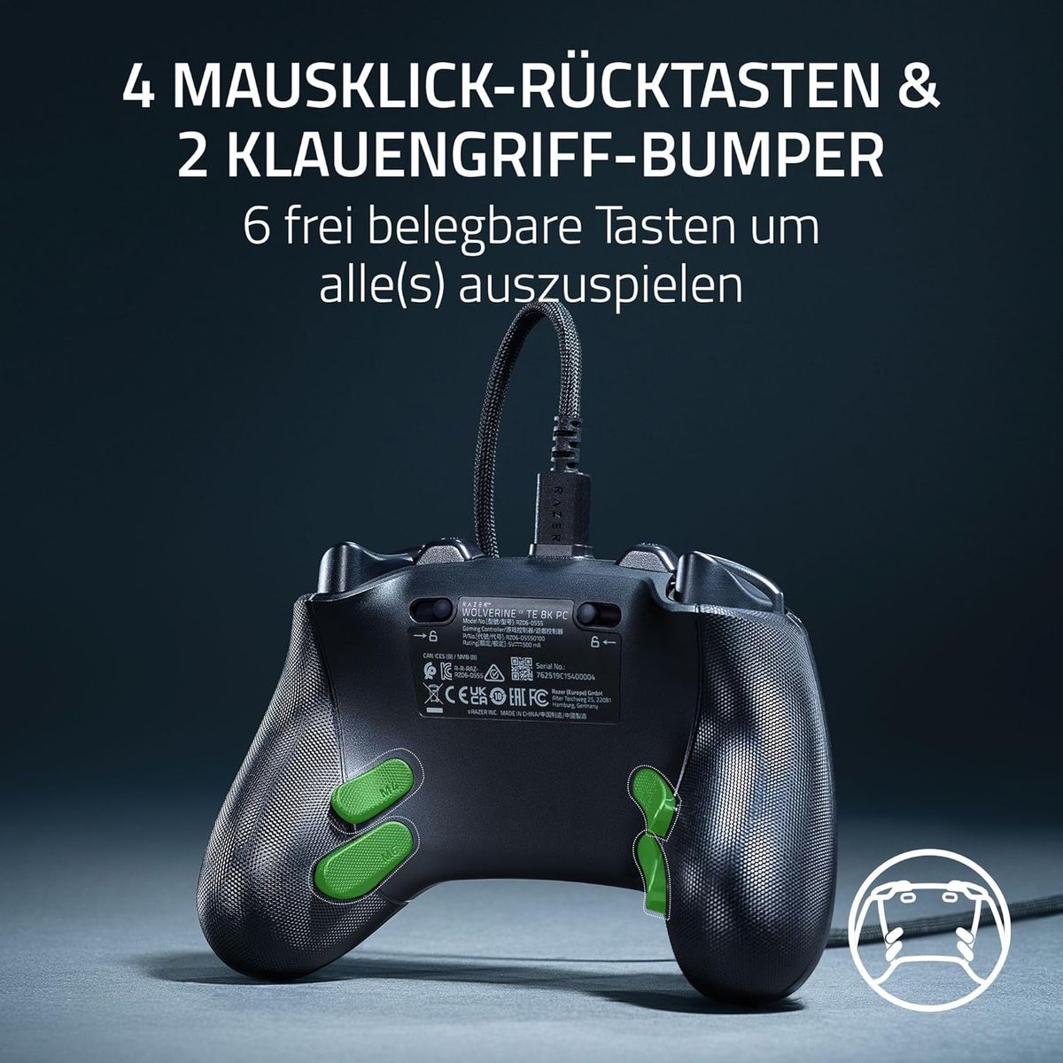 Razer Wolverine V3 Tournament Edition Kabelgebundener E‑Sport-Controller für PC, 8000 Hz HyperPolling, TMR-Analogsticks mit austauschbaren Caps, 4 Mausklick-Rücktasten, Schwarz
