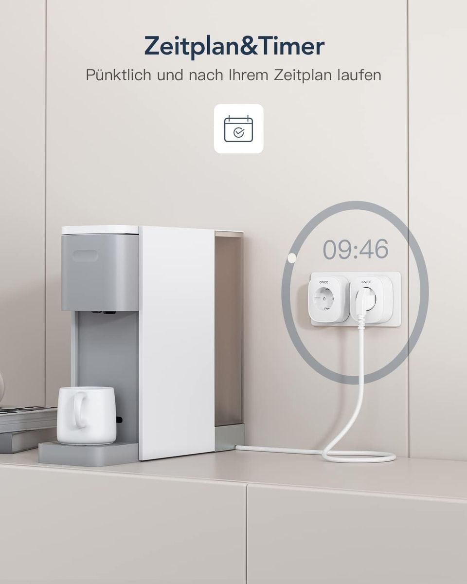 GNCC WLAN Smart Steckdose GNCC mit Energieverbrauchskontrolle Fernbedienung & Sprachsteuerung, Intelligente Steckdose Funktioniert mit Alexa/Google Home, Nur 2.4GHz WIFI, 16A 3680W