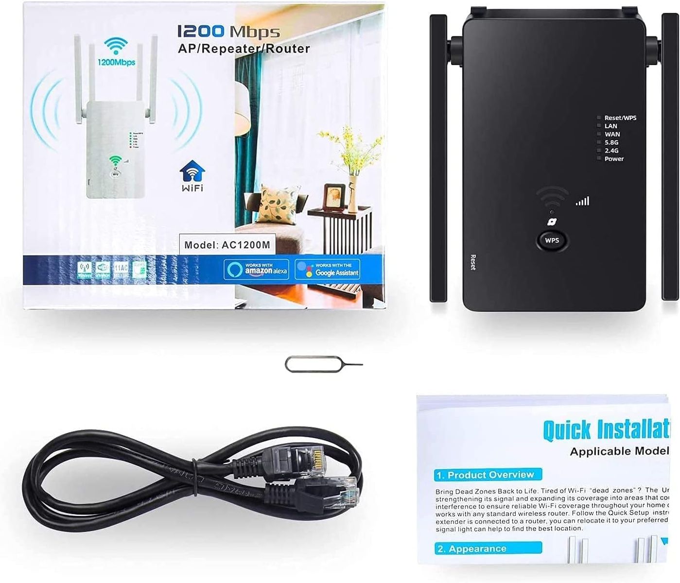 Glxertvz WLAN Repeater WLAN Verstärker 1200Mbit/s Dualband 2,4GHz+5GHz WiFi Booster mit Repeater/Router/Access Point Modus,4 Antenne,Einfache Einrichtung,WiFi Range Extender Mit LAN/WAN Port