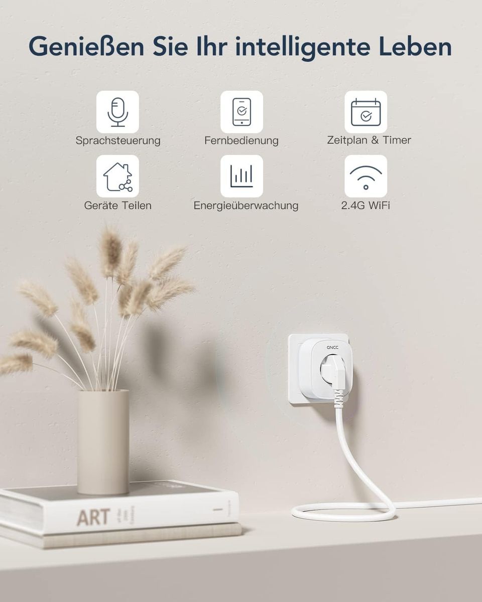 GNCC WLAN Smart Steckdose GNCC mit Energieverbrauchskontrolle Fernbedienung & Sprachsteuerung, Intelligente Steckdose Funktioniert mit Alexa/Google Home, Nur 2.4GHz WIFI, 16A 3680W