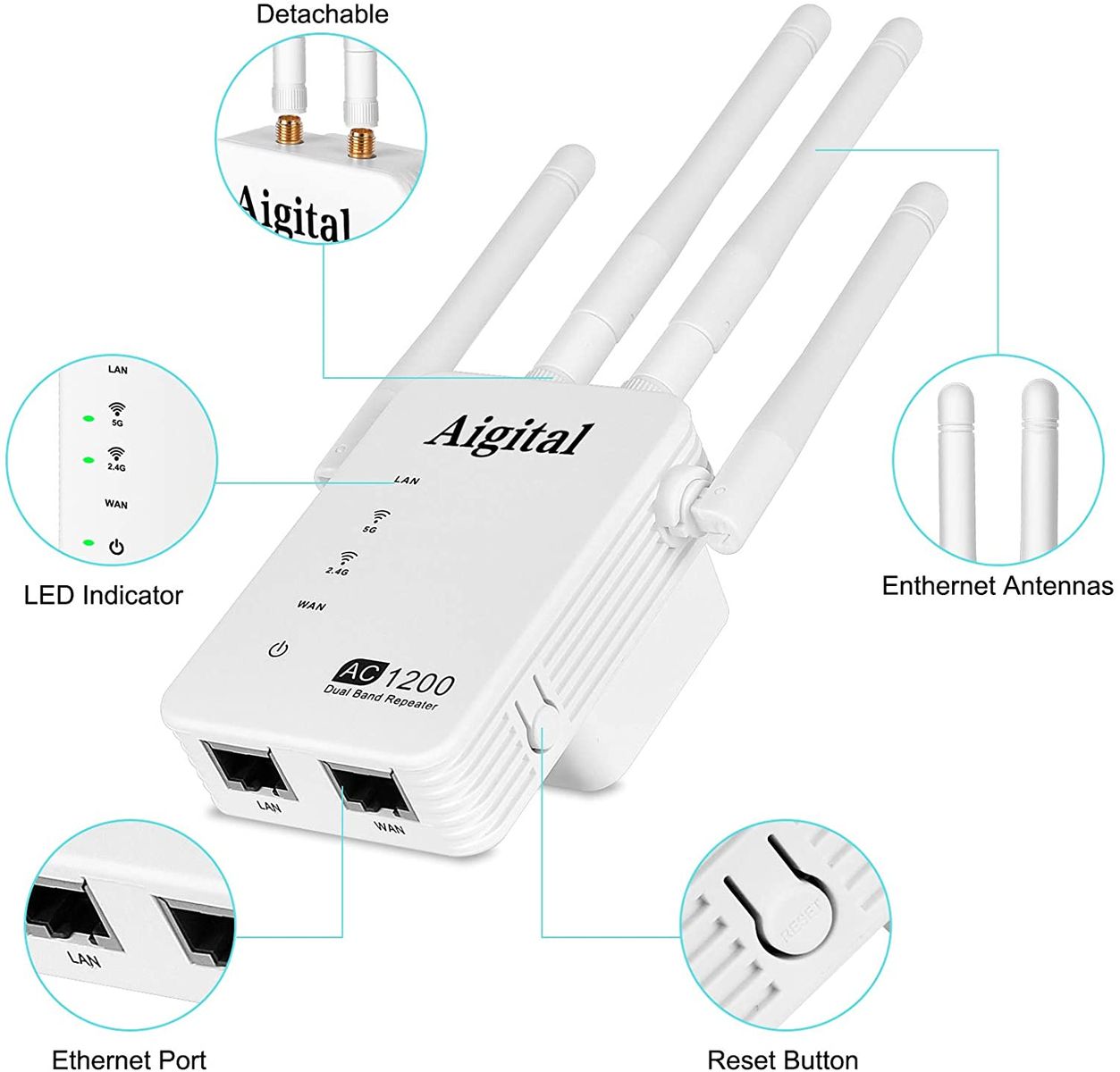 Aigital WiFi Mini Booster 1200Mbps White