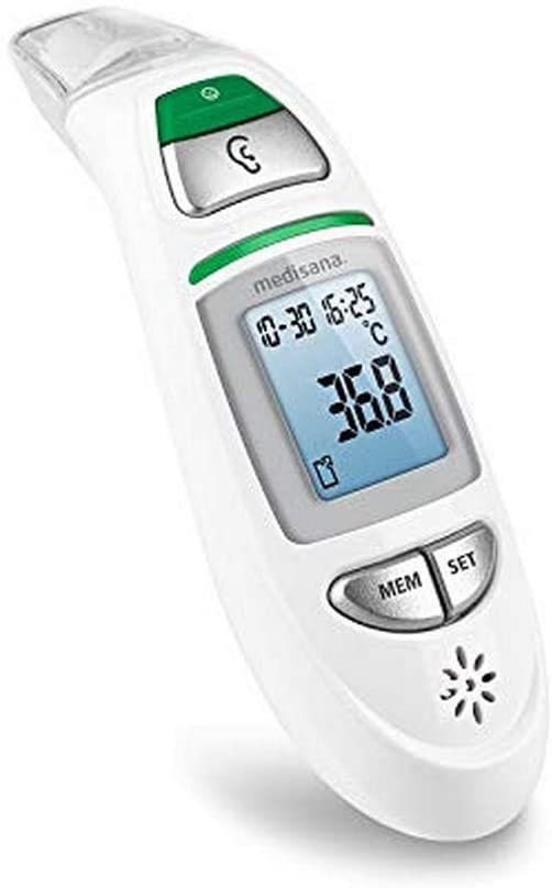 Medisana TM 750 digital 6in1 infrared clinical thermometer with visual fever alarm - fast and accurate measurement of body, ambient and fluid temperature - with memory function - 76140 white