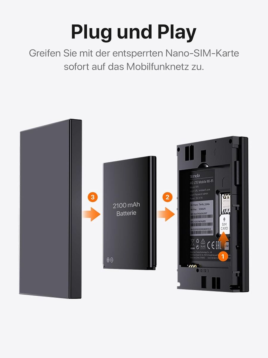 Tenda MF6 Mobiler WLAN Router, Wi‑Fi 6 Tragbarer Hotspot, 2100 mAh Akku, USB-C, Plug & Play, WPA3, 4G LTE MiFi, Mini