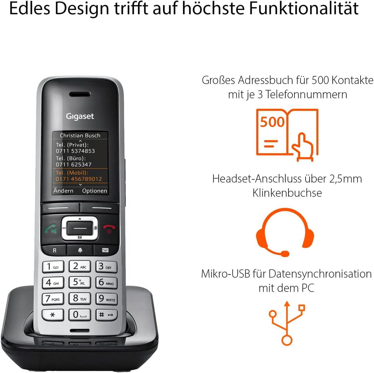 Gigaset PREMIUM 100HX - DECT-Mobilteil mit Ladeschale - Schnurloses Telefon erweiterung für Router und DECT-Basis – Fritzbox-kompatibel - Datensynchronisation per USB, top Akustik, platin-schwarz 100HX Zusatz Mobilteil