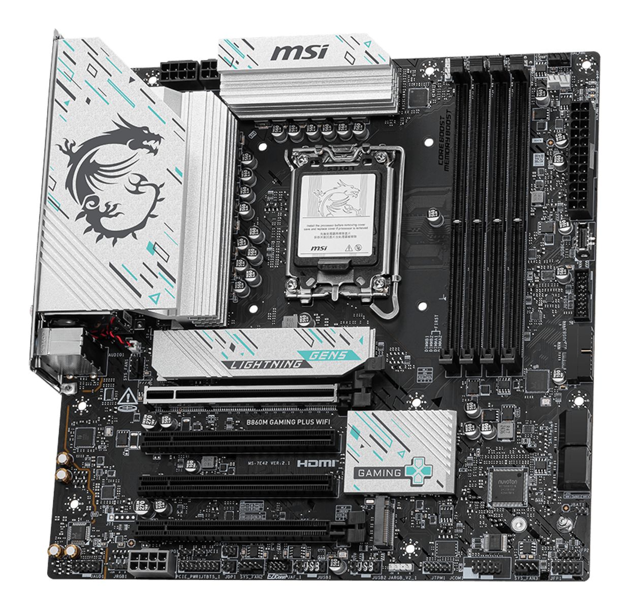 MSI B860M GAMING PLUS WIFI Mainboard, Intel B860, LGA 1851 (Socket V1), micro ATX, DDR5, 4x DIMM, Wi‑Fi 7, 5 Gbit Ethernet, Bluetooth 5.4, 3x M.2, HDMI 2.1