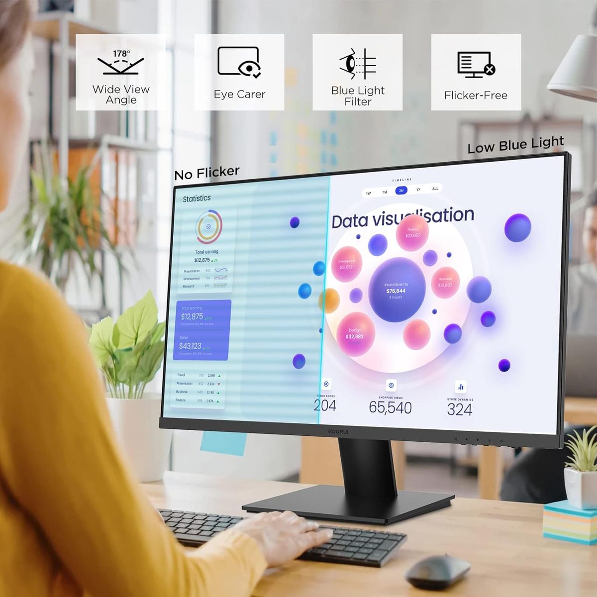KOORUI Monitor 27 Zoll, 4K PC Bildschirm UHD(3840 * 2160), IPS, 4ms, 60Hz, 2X HDMI 2.0 & DisplayPort 1.4, Adpitive Sync, HDR10, VESA 100 * 100mm, 90% DCI-P3, Eye Care, Schwarz