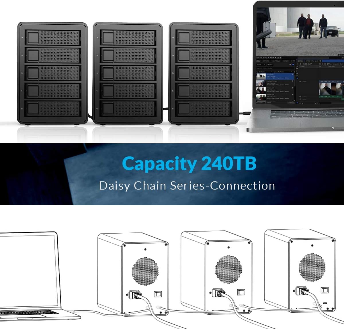 ORICO 3559C3-BK 5-Bay Festplattengehäuse, Aluminium, USB-C 10 Gbps (USB3.1 Gen2), für 2,5/3,5 Zoll HDD & SSD, Daisy-Chain, 150W Netzteil