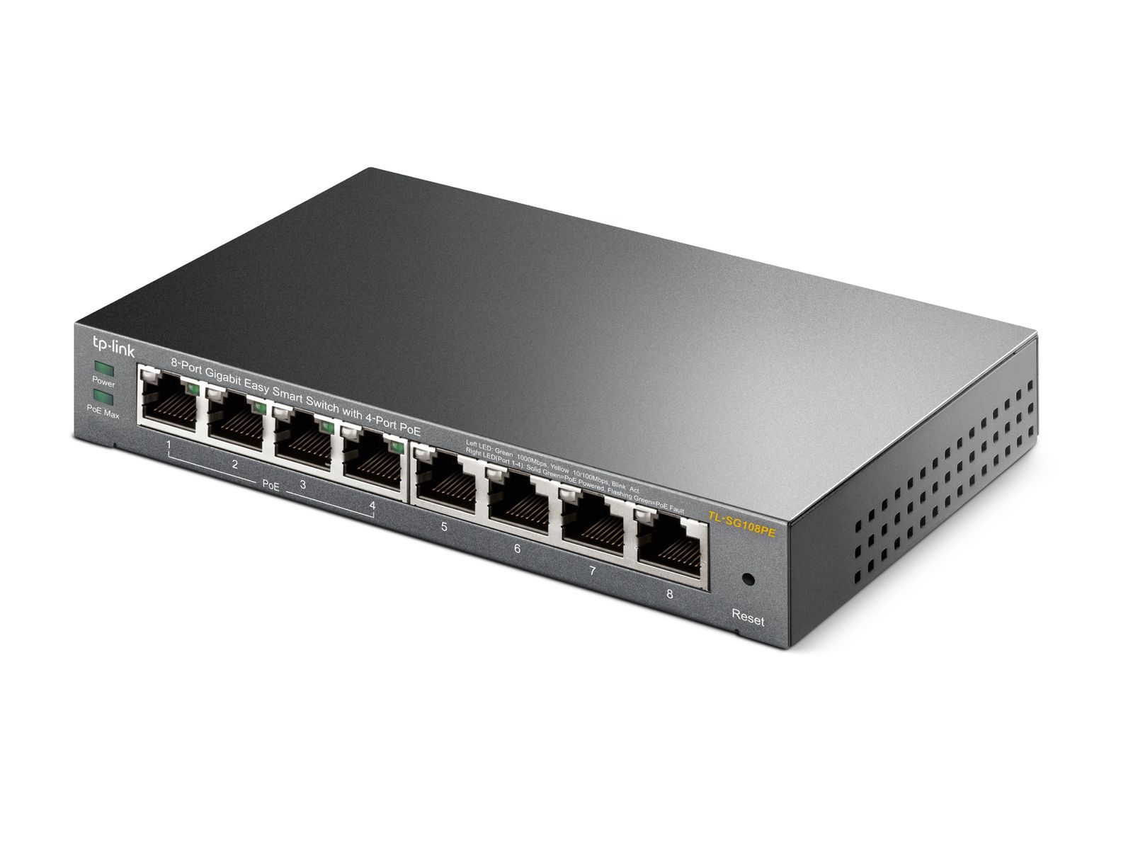TP-Link TL-SG108PE Managed PoE Switch, 8 Port Gigabit Network Switch mit 4 PoE+ Ports (64 W, 802.3af/at PoE+, Lüfterlos, Plug-and-Play, Robustes Metallgehäuse) Schwarz V5