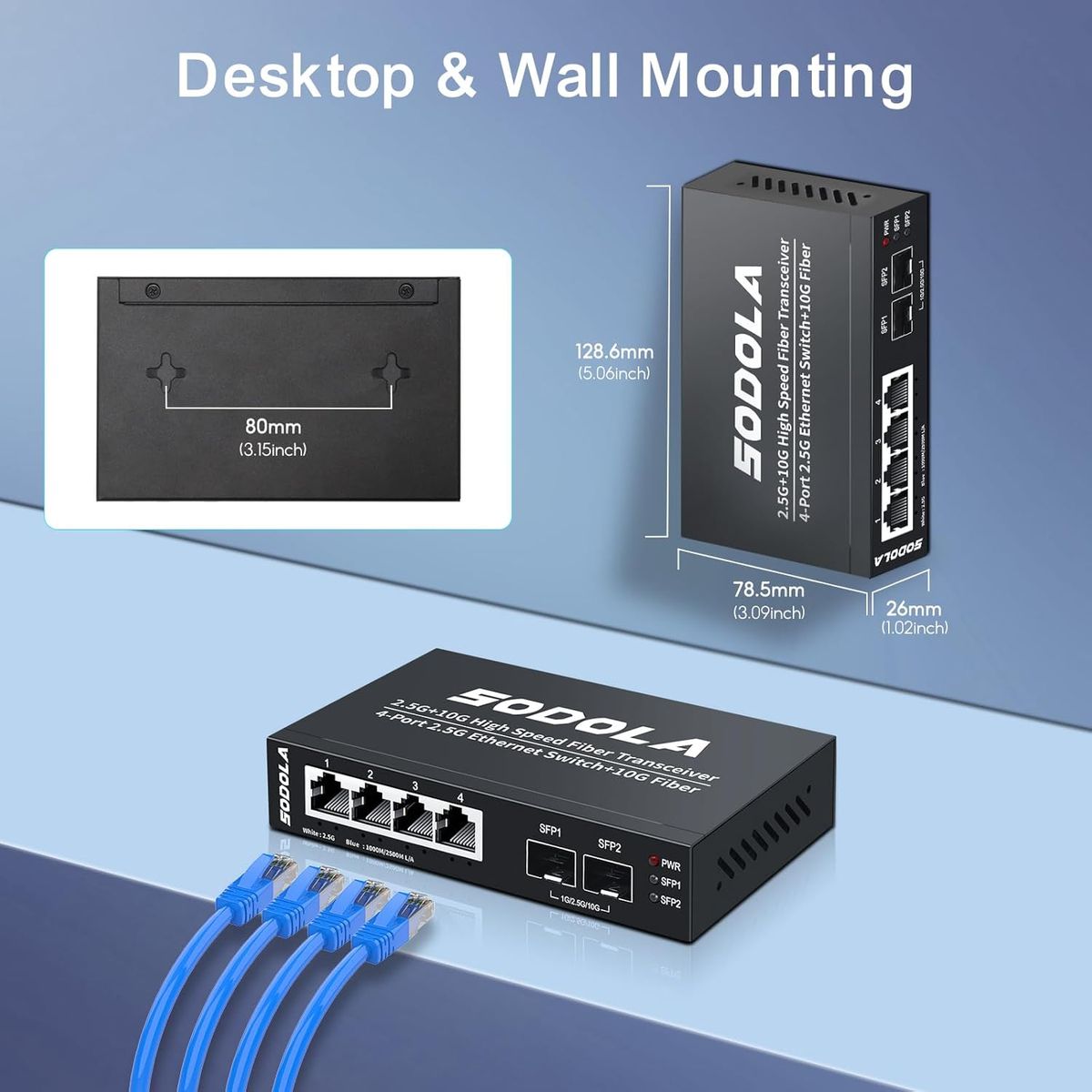SODOLA 6 Port 2,5G Unmanaged Ethernet Switch, 4X 2,5GBASE-T Ports, 2X 10G SFP+, 60 Gbit/s Switching-Kapazität, Mini wandmontierbarer 2,5Gb Netzwerk-Switch für Wireless AP, NAS, PC 4X2.5G+2X10G SFP+