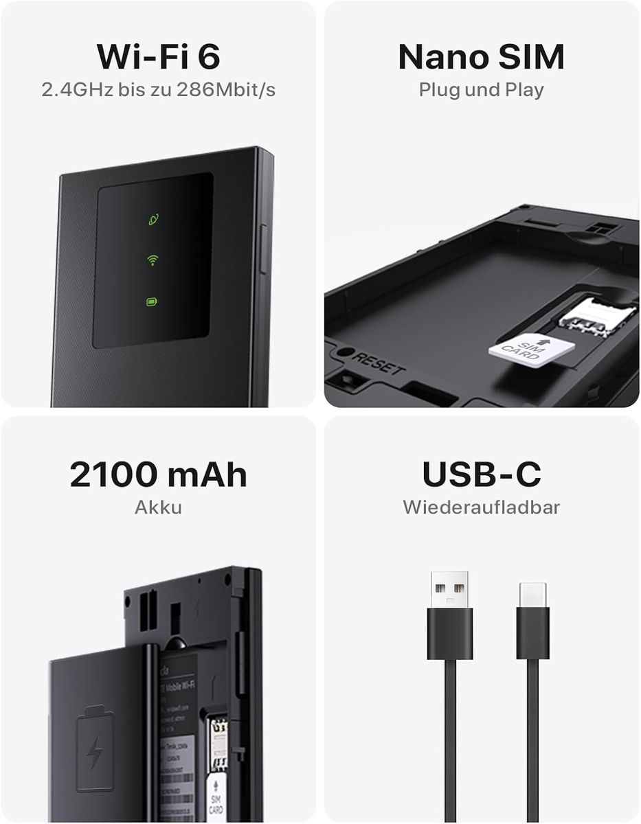 Tenda MF3 Mobiler WLAN-Router (Mobile Hotspot), 4G LTE, AX300 Wi‑Fi 6 2,4 GHz, 2100 mAh Akku, USB-C, WPA3, MiFi, Nano-SIM, Plug & Play