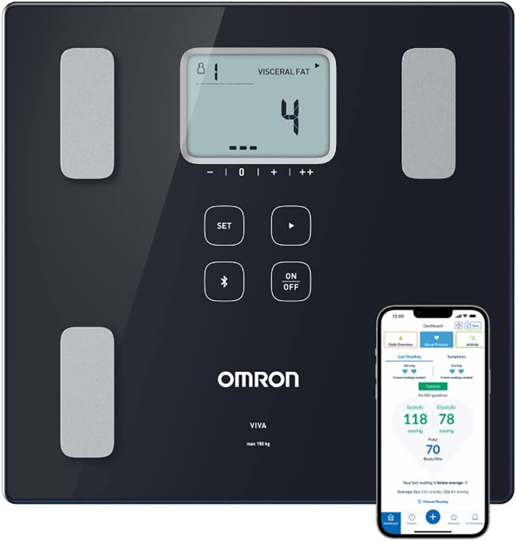 Die smarte Körperanalysewaage OMRON VIVA mit Bluetooth misst Körperfett, Gewicht, Viszeralfett, Skelettmuskelmasse, Grundumsatz und den BMI