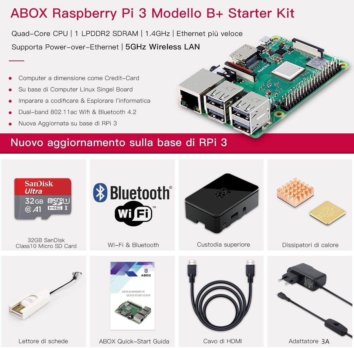 ABOX Raspberry Pi 3 Model B + (Plus) Motherboard Barebone Starter Kit with 32GB MicroSD Card, Case and Power Supply 5V 3A with Switch