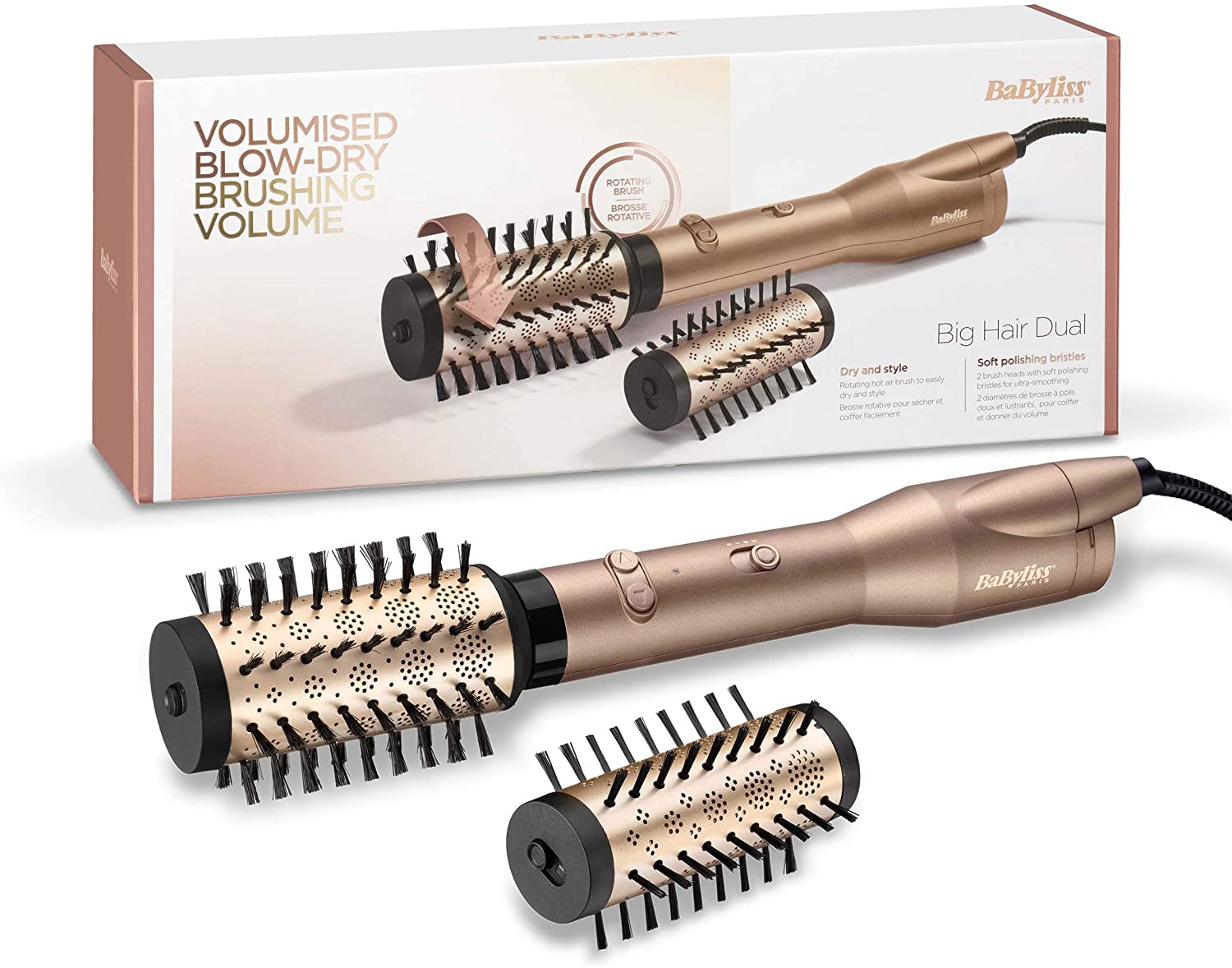BaByliss Big Hair Dual Rotating Hot Air Brush, with Ion Technology, 2 Attachments, Champagne, AS952E