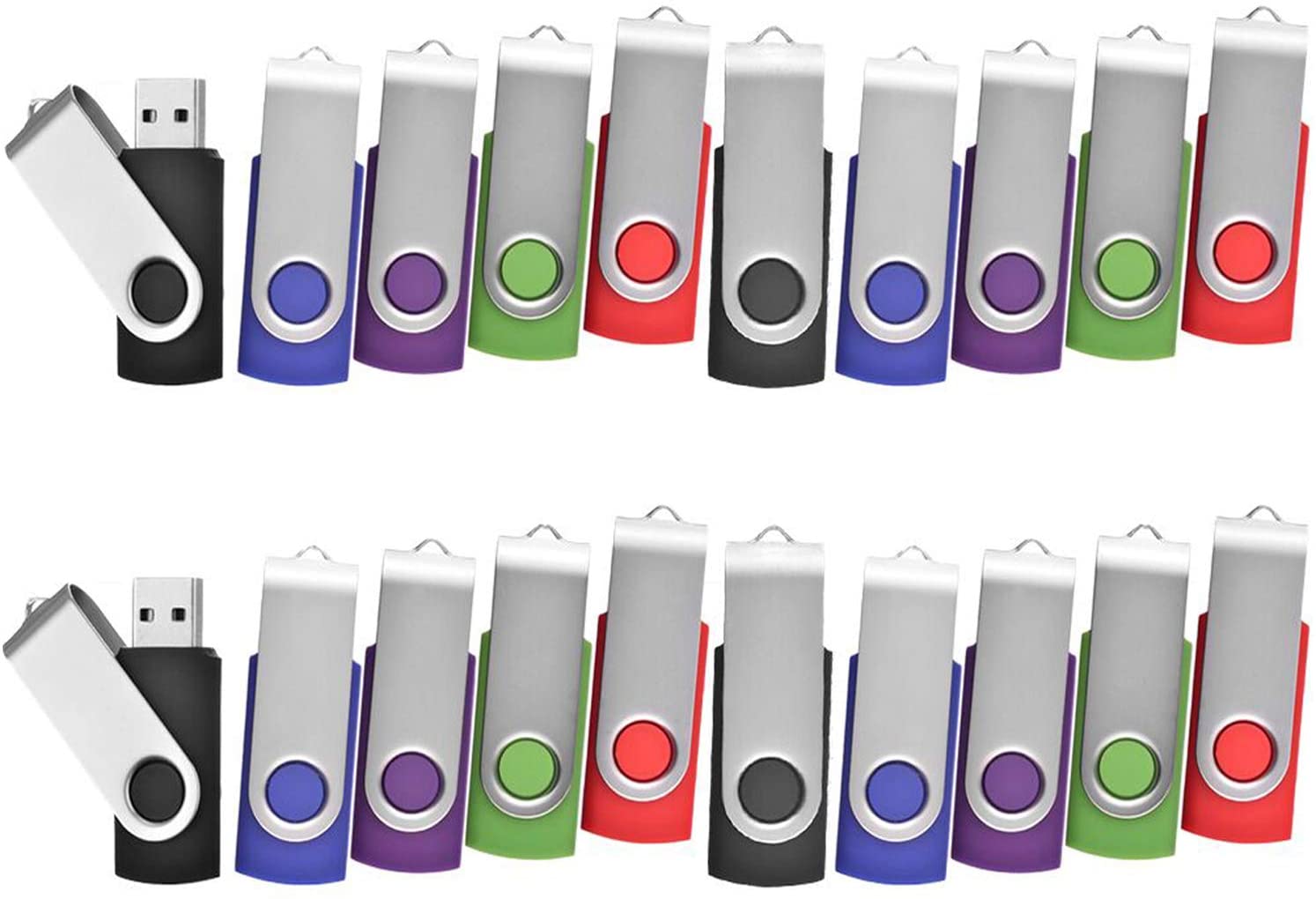 TEWENE Lot de 20 Clé USB 2 Go Pivotant Stockage Carte Mémoire Flash Drive Clés USB 2.0 Stockage et Transfert de Données Numériques(Vert/Rouge/Noir/Bleu/Violet) (2GB*20PCS)