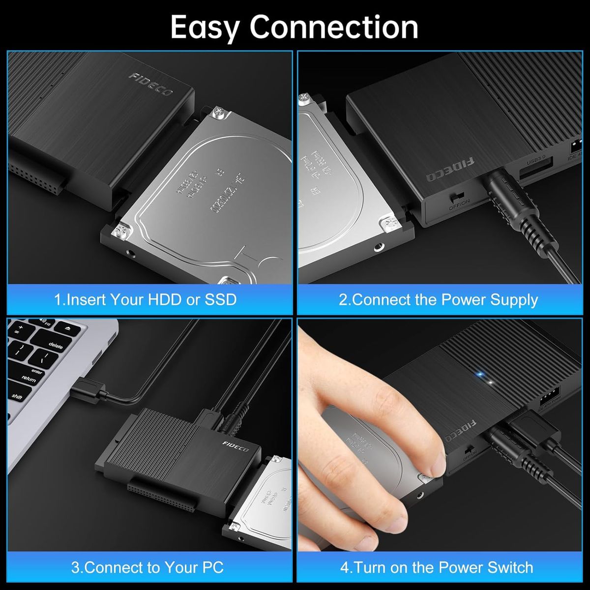 FIDECO PL319 IDE & SATA Festplatten-Adapter, USB 3.0, Netzschalter, Konverter für 2,5"/3,5" HDD & SSD, CD/DVD-Laufwerke, Schwarz, EU Stecker