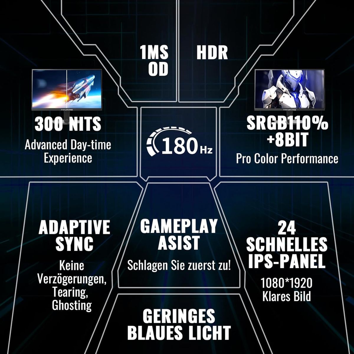 Minifire Gaming Monitor 24 Zoll, 180 Hz, 1ms, AMD FreeSync, Full HD(1920 x 1080), Rahmenlos Bildschirm, Einstellbar, 300Nits, sRGB 110%