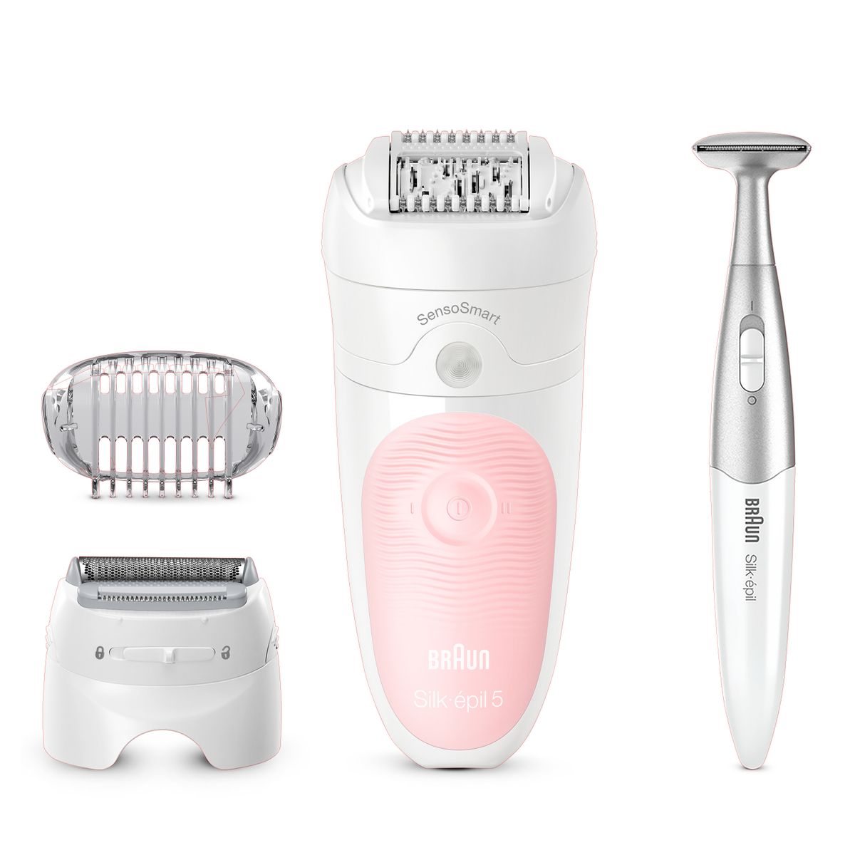 Braun Silk-epil 5 beauty set, epilator ladies for hair removal, attachments for shaver, trimmer and massage for body, incl. bikini trimmer, bag, gift for women, flamingo 5-820 single.