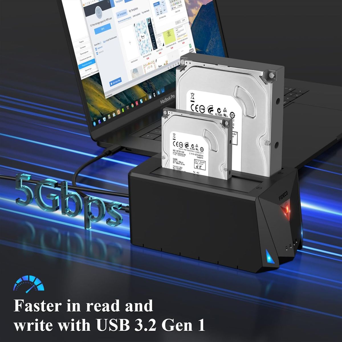 FIDECO YPZ220C 2-Bay Festplatten-Dockingstation, USB 3.2 Gen1 Type-C Anschluss, SATA 2,5 & 3,5 Zoll HDD/SSD, Offline-Klonfunktion, UASP