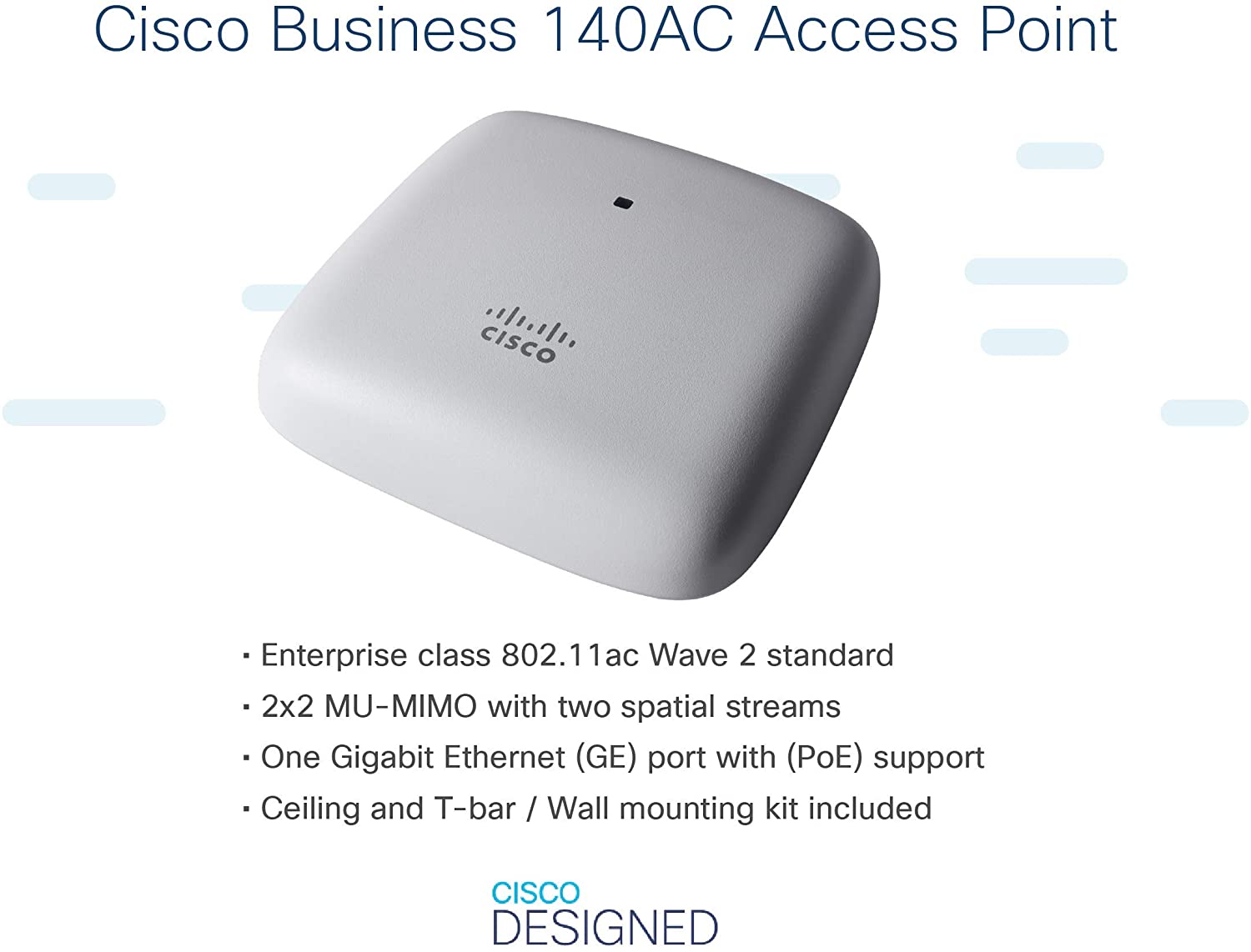 Cisco Business 140AC 802.11ac 2x2 Wave 2 Access Point 1 GbE-Port – Deckenmontage, eingeschränkter Schutz während der Lebensdauer (CBW140AC-E) 867 Mbit/s/Decke oder Wand/1GE-Port/Einzelpaket
