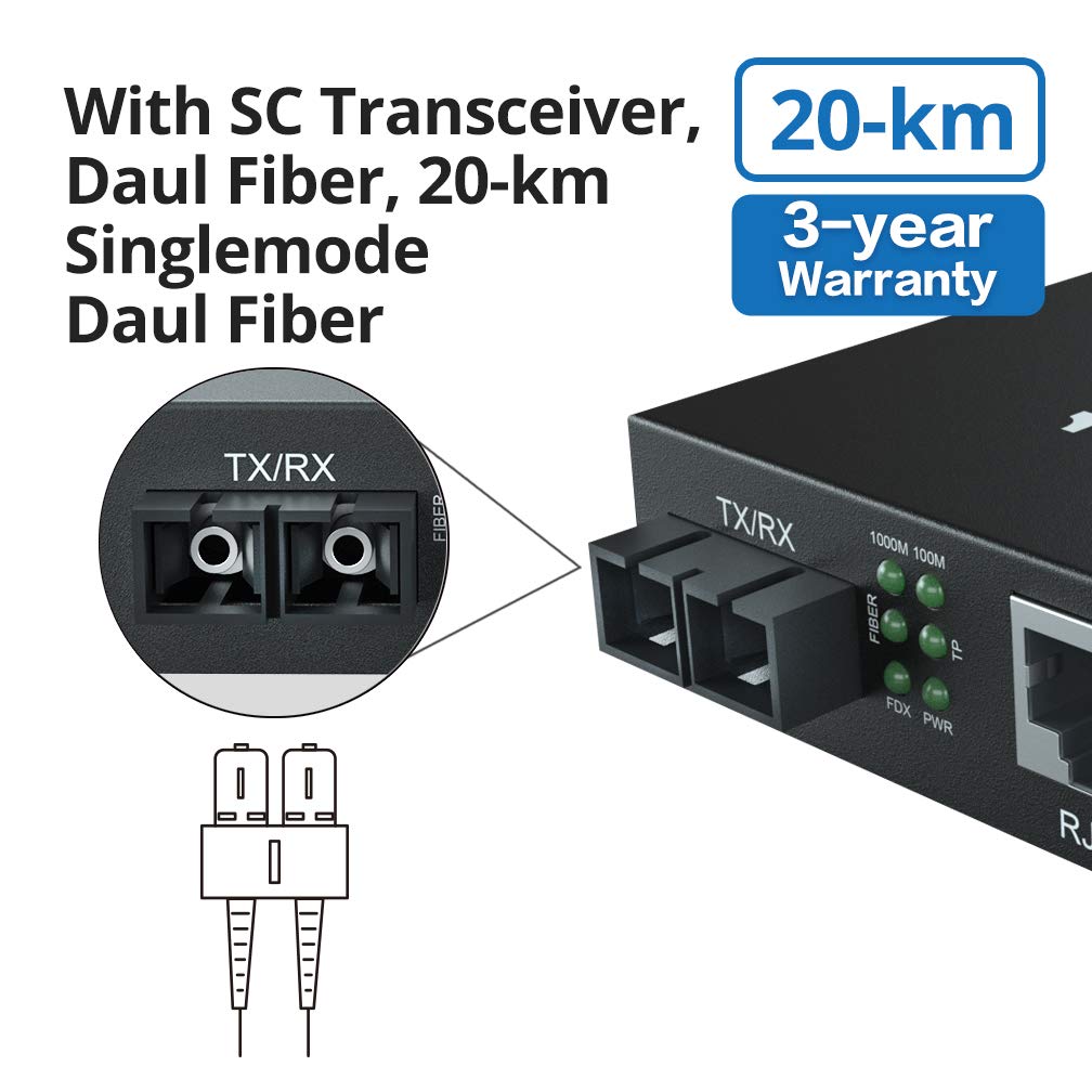 10Gtek Gigabit Ethernet Fibre Optic Media Converter with Built-in 1GB Singlemode SC Transceiver