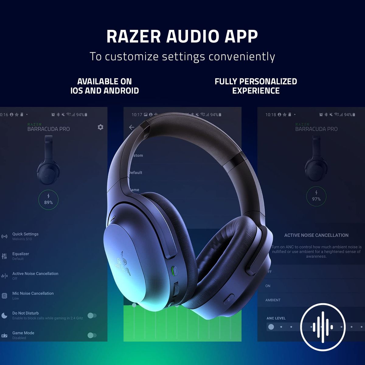 Razer Barracuda Pro Gaming & Mobile Headset Dual Wireless Virtual 7.1 Surround-Sound Hybrid ANC Multi-Plattform Black
