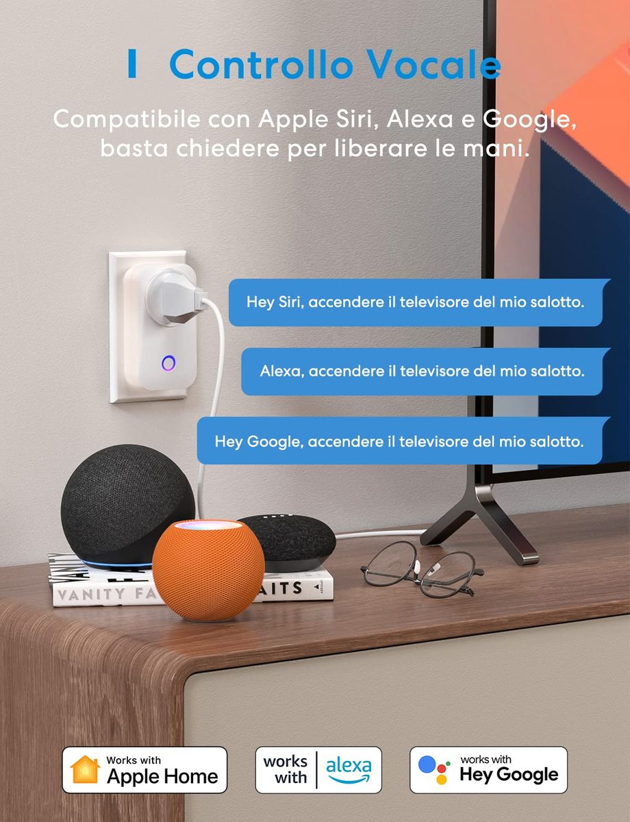 Meross Italienische intelligente Wi-Fi-Steckdose, Smart Plug 16 A (Typ L), kompatibel mit Apple HomeKit Siri, Alexa, Google Home und SmartThings, 2,4 GHz, kein Hub erforderlich (2 Stück), weiß