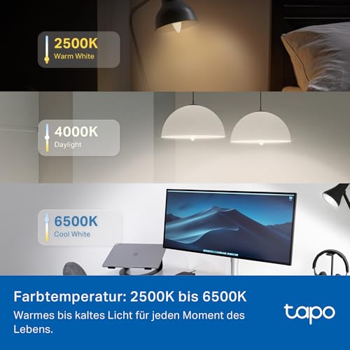 TP-Link Tapo L430C, 4er-Pack Smarte WLAN-Glühbirne E14, 470 Lumen, 16 Mio. Farben, dimmbar, Weißton 2.500–6.500 K, Zeitplan & Energieüberwachung, Alexa & Google Assistant, V1.0, EU