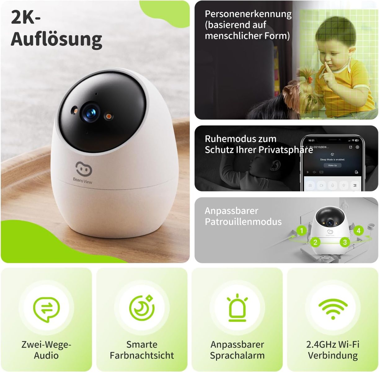 Beans View D210 3MP Indoor Sicherheitskamera, 2K PTZ (350°/70°), Farbnachtsicht, Person-/Tiererkennung & Verfolgung, SD bis 512GB, 2.4 GHz WLAN, kabelgebunden mit EU-Stecker