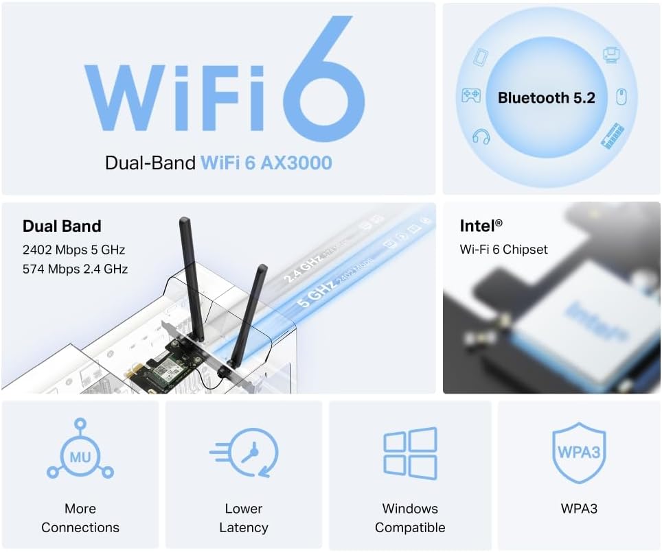 Mercusys MA80XE AX3000 Wi-Fi 6 Bluetooth 5.2 PCIe Adapter, Wi-Fi 2402 Mbps (5GHz) + 574Mbps (2.4GHz), Intel WiFi 6 Chipsatz, WPA3, kompatibel mit Windows 10, 11 (64bit) W-Fi 6 AX3000