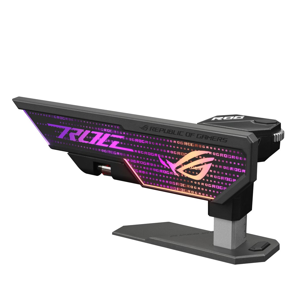ASUS ROG Herculx Grafikkartenhalter, Universal, höhenverstellbar 72–128 mm, werkzeuglos, 3D-ARGB RGB, Thermoplast & Zink, Schwarz/Grau