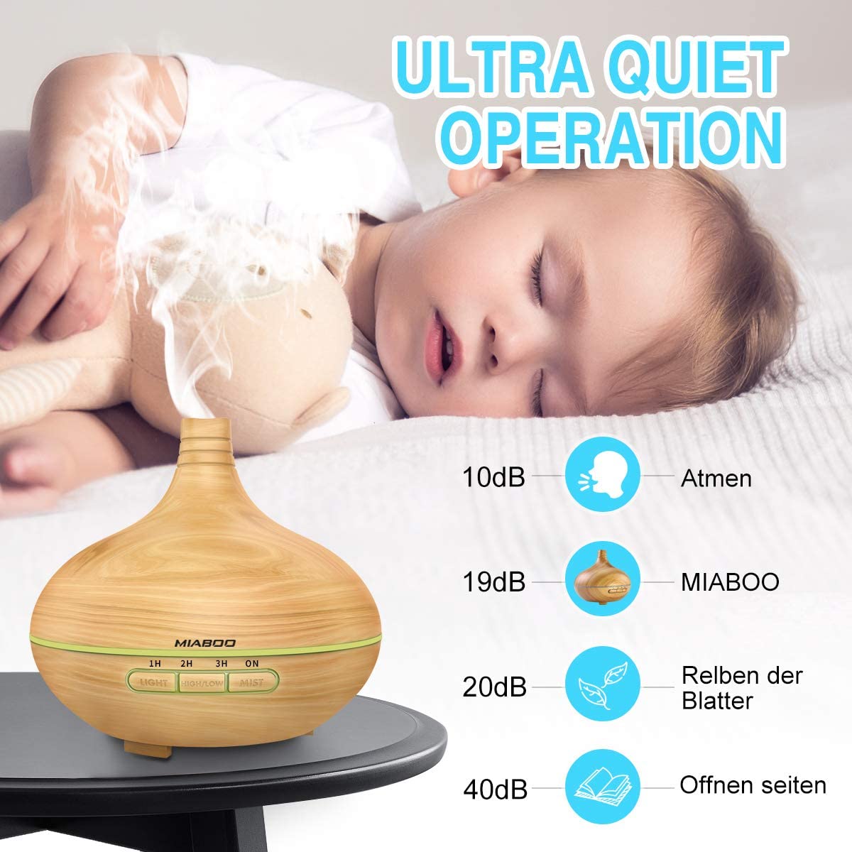 MIABOO Aroma Diffuser 300 ml Humidifier Ultrasonic Ultra Quiet Adjustable Mist Mode Diffuser Aromatherapy Essential Oil Diffuser LED Colour Changing for Babies Bedroom Office etc