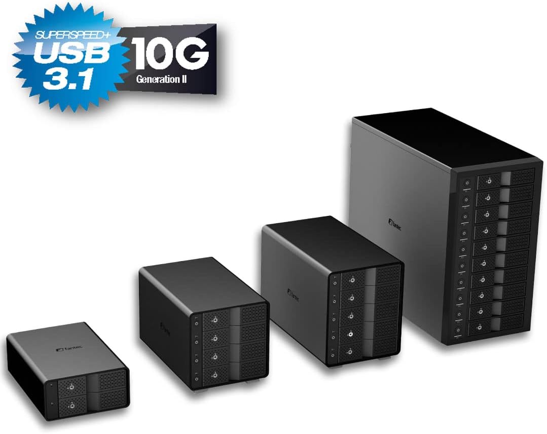 FANTEC 10-Fach Festplattengehäuse USB-C 3.1 Gen2 10G für den Einbau von 10x 3,5/2,5 Zoll SATA I/II/III HDDs/SSDs. Trägerlos, einzeln EIN/ausschalten, verriegelbar, 2X USB Kabel. Metallgehäuse schwarz
