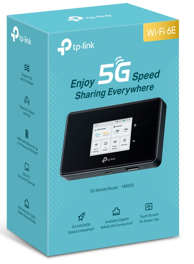 TP-Link M8550(EU) V1.0 Mobiler 5G Router, Wi-Fi 6E, LTE/4G/3G, Touchdisplay, 4680 mAh Akku, USB, Schwarz, EU