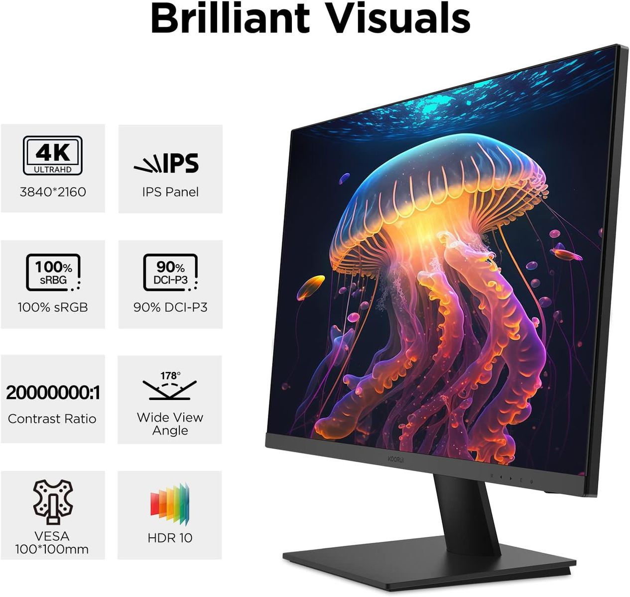 KOORUI Monitor 27 Zoll, 4K PC Bildschirm UHD(3840 * 2160), IPS, 4ms, 60Hz, 2X HDMI 2.0 & DisplayPort 1.4, Adpitive Sync, HDR10, VESA 100 * 100mm, 90% DCI-P3, Eye Care, Schwarz