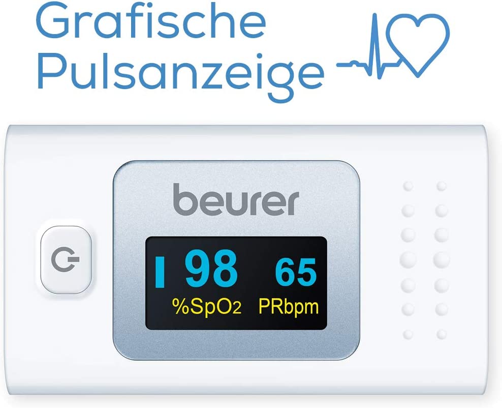 Beurer PO 35 Pulsoximeter, Messung von Sauerstoffsättigung (SpO₂) und Herzfrequenz (Puls), schmerzfreie Anwendung, leicht ablesbares Farbdisplay, Darstellung der Herzfrequenz Weiß Single