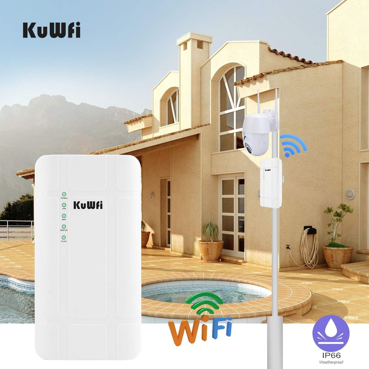 KuWFi 4G SIM Router, KuWFi 300 Mbps 4G LTE CPE Router mit POE Adapter Outdoor LTE Router CAT4 mit SIM Card Slot Wasserdicht WiFi Router für IP Kamera/Outside WiFi Coverage
