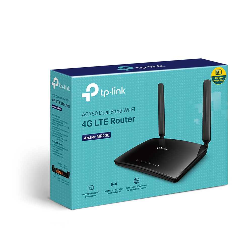 TP-Link Archer MR200(SE) V7.0 AC750 Dual-Band 4G LTE Router, SIM-Slot, Ethernet-WAN, 4x LAN 10/100, 2x externe Antennen, Schwarz