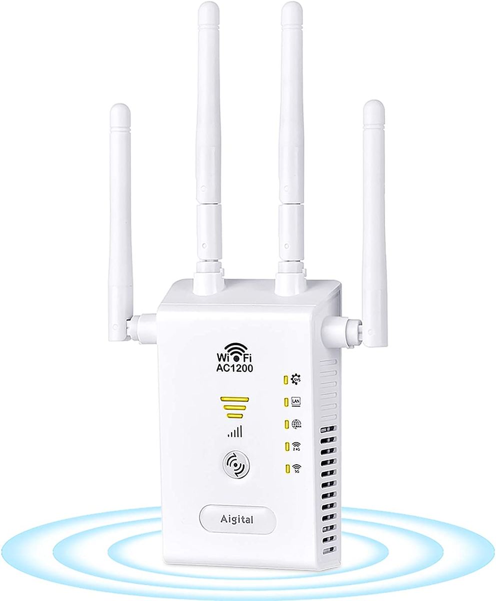 Aigital WLAN Repeater AC1200 WLAN Amplifier Super Booster 2.4 GHz / 5 GHz with 4 x External Antennas, LAN Port, Speed up to 1200 Mbps