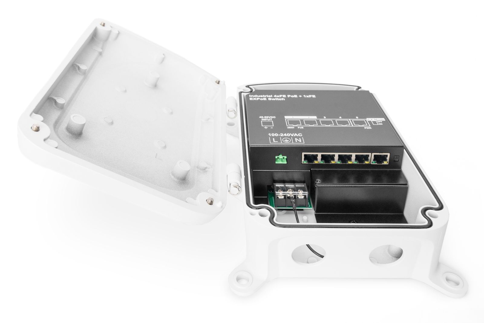 DIGITUS Outdoor PoE+ Netzwerk-Switch - 4 PoE-Ports + 1x Uplink - 100 MBit/s - Reichweite bis 250 m im EX-Mode - IP67 Outdoor - 100 MBit/s - 4+1 Port