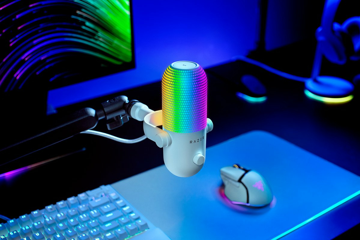 Razer Seiren V3 Chroma - RGB USB-Mikrofon - Supernieren Kondensator-Mikrofon mit Tap-to-Mute (Reaktive Beleuchtung, Digitaler Verstärkungsbegrenzer und integrierter Schockdämpfer) Weiß